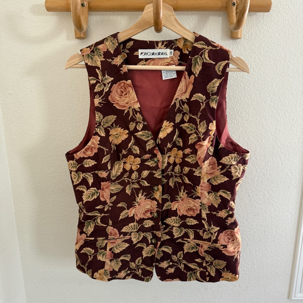 JH Collectibles retro vintage 90s red brown floral vest with button-up front